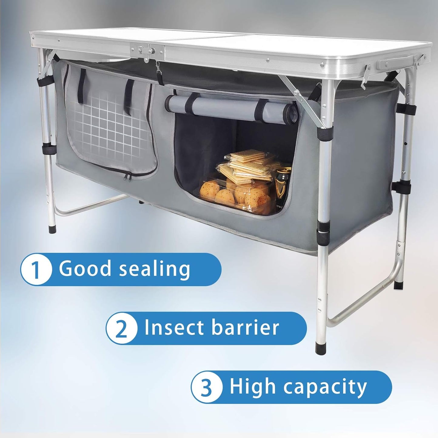 Folding Camping Table with Storage Lightweight Camp Tables Portable Indoor/Outdoor Collapsible Table Height Adjustable Camp Kitchen Perfect for Picnic, Beach, Travel, Tailgating, Backyards, BBQ, Party